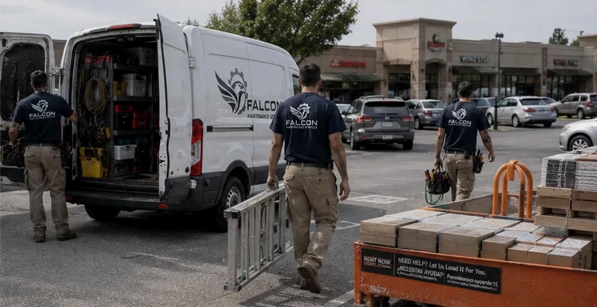 Falcon Maintenance crew loading their van at a Tennessee retail plaza