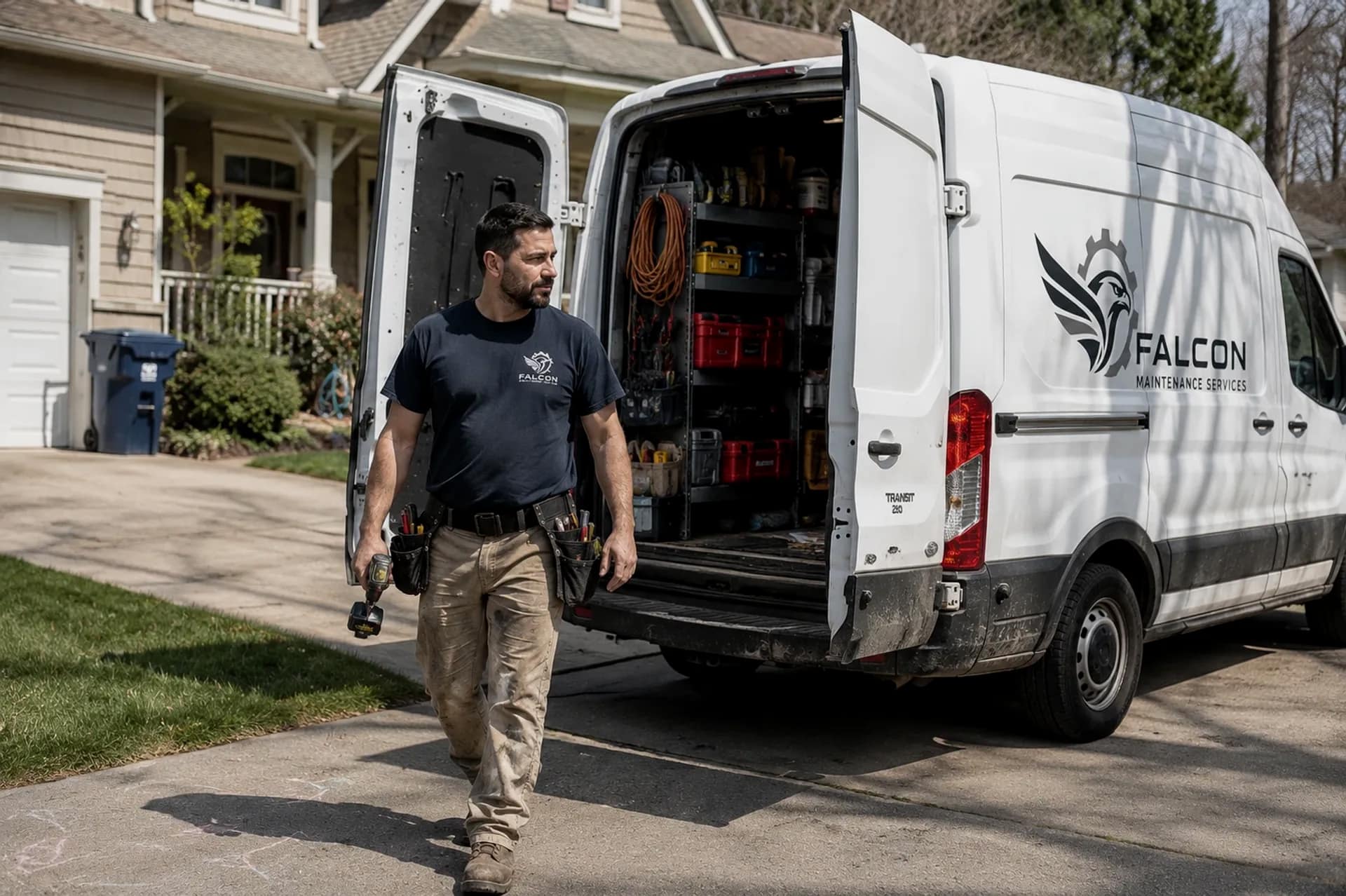 Falcon Maintenance Services technician arriving at a Tennessee home with a fully stocked work van