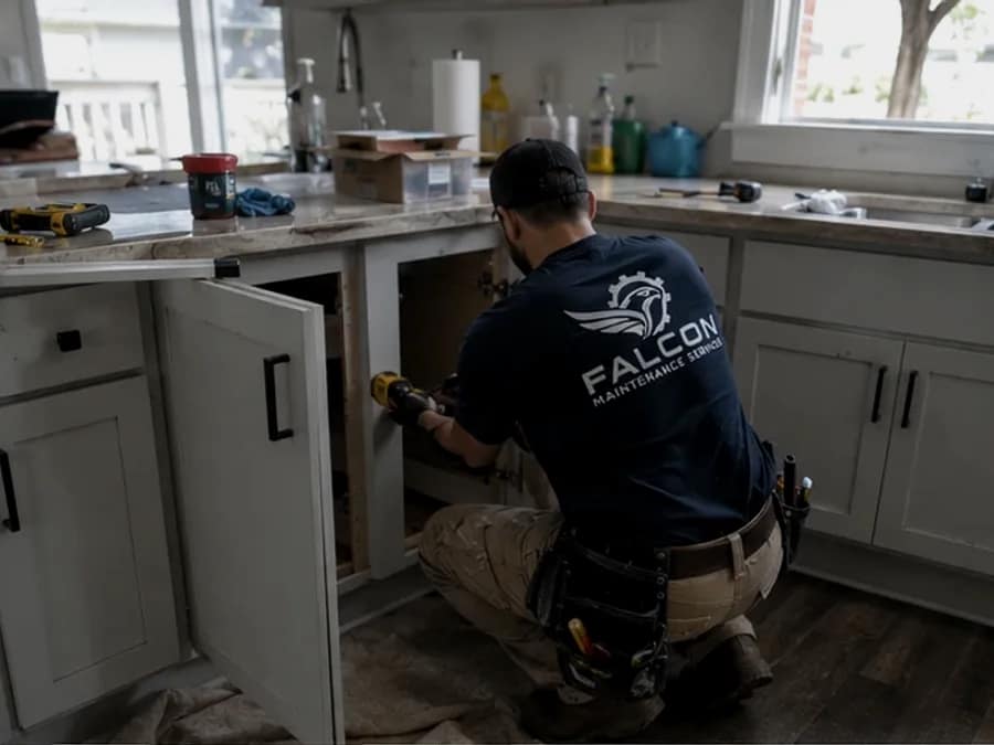 Falcon technician on a build-out repair inside a Tennessee property