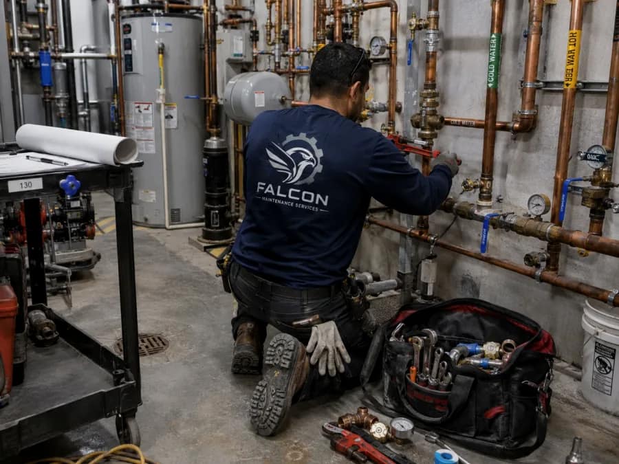 Falcon technician servicing commercial plumbing in a Tennessee mechanical room