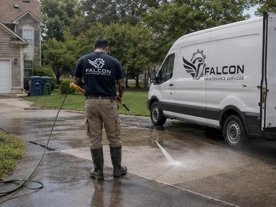 Falcon technician power washing concrete at a Tennessee property